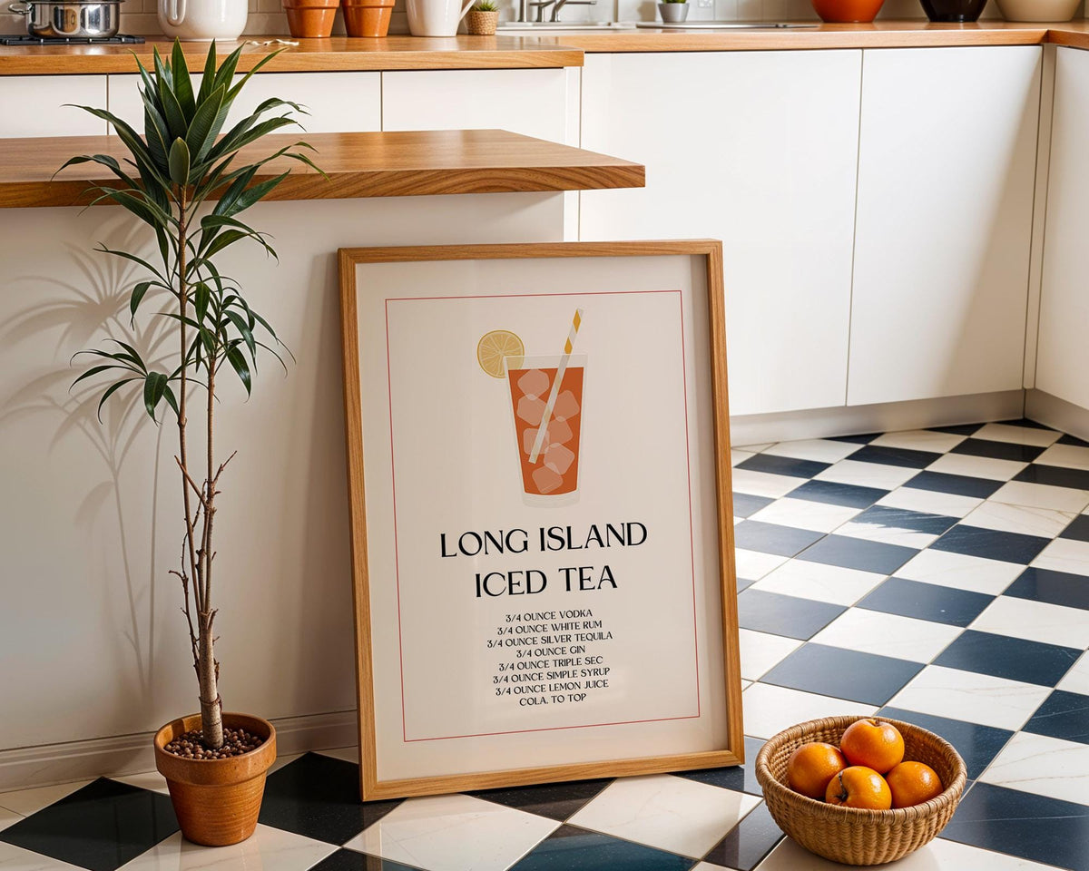 Bar Sign Decor print leaning on a black and white tiled floor with a potted plant and basket of oranges nearby