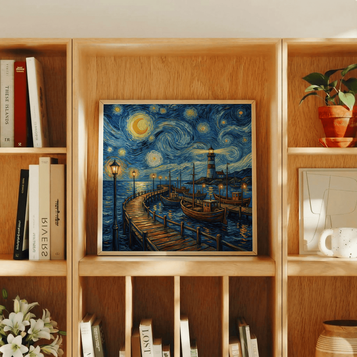 Van Gogh Poster print leaning on a wooden shelf with books and plants around