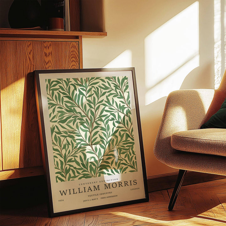 Classic Art Posters print of willow branches with green leaves leaning by a cabinet in natural light