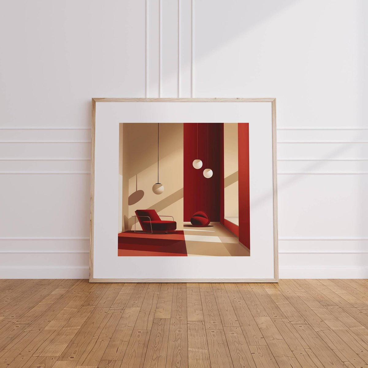 Framed Red Wall Art of a red modern armchair and abstract interior leaning on wooden floor