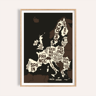 Framed Europe Poster with a typographic map in beige and brown colours