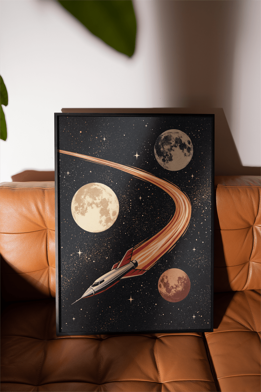 Space themed wall art featuring a rocket ship with planets in retro colours on a leather seat