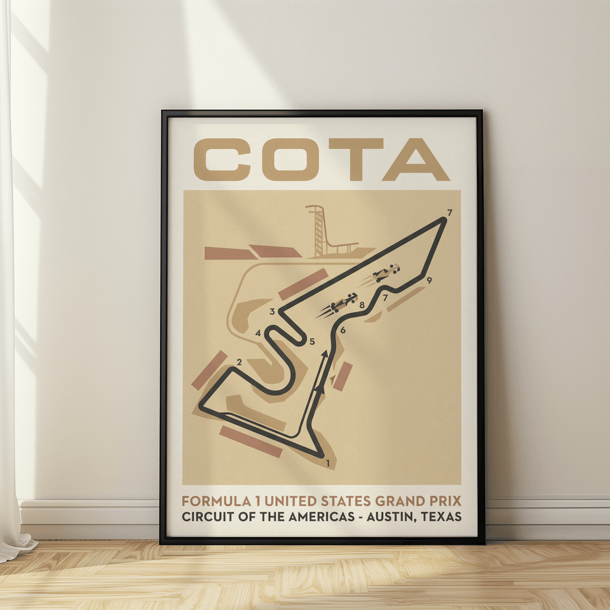 Race Track Map Poster framed print close-up with beige and brown minimalist circuit map leaning on a wooden floor