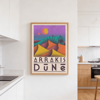 Desert Dunes Sci-Fi Poster on a white wall in a kitchen with minimalist colourful dunes and a worm