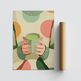 Cozy Matcha Art print beside a brown packaging tube showing hands holding a green matcha cup