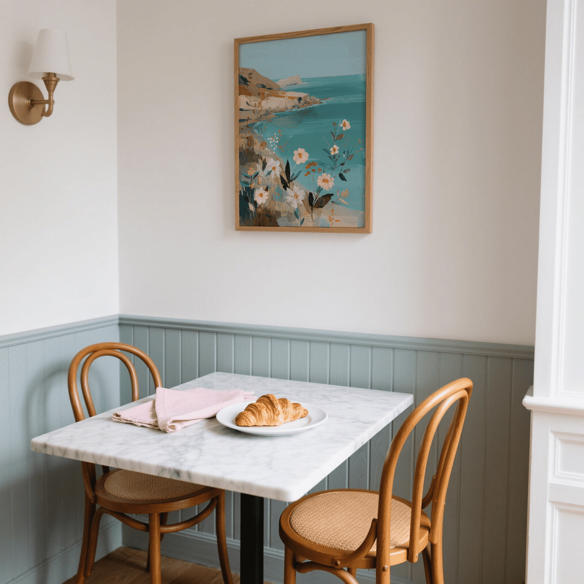 Floral Coast Print hung above a dining table with a croissant on a plate in a breezy corner