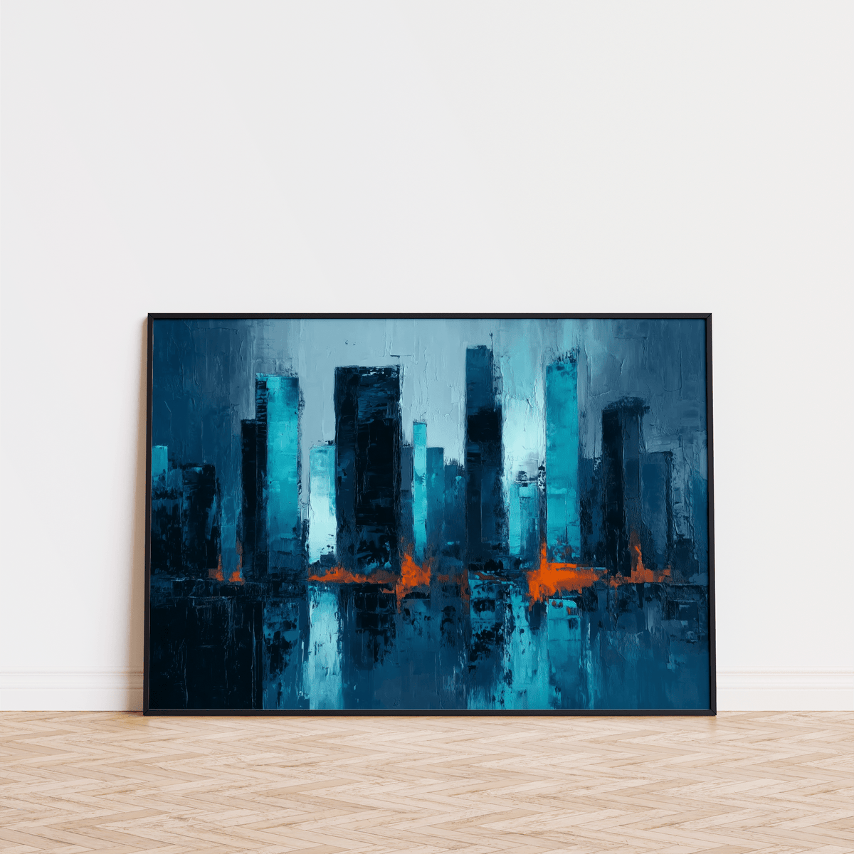 Blue artwork city leaning on a wall showing abstract skyline with reflections and orange highlights