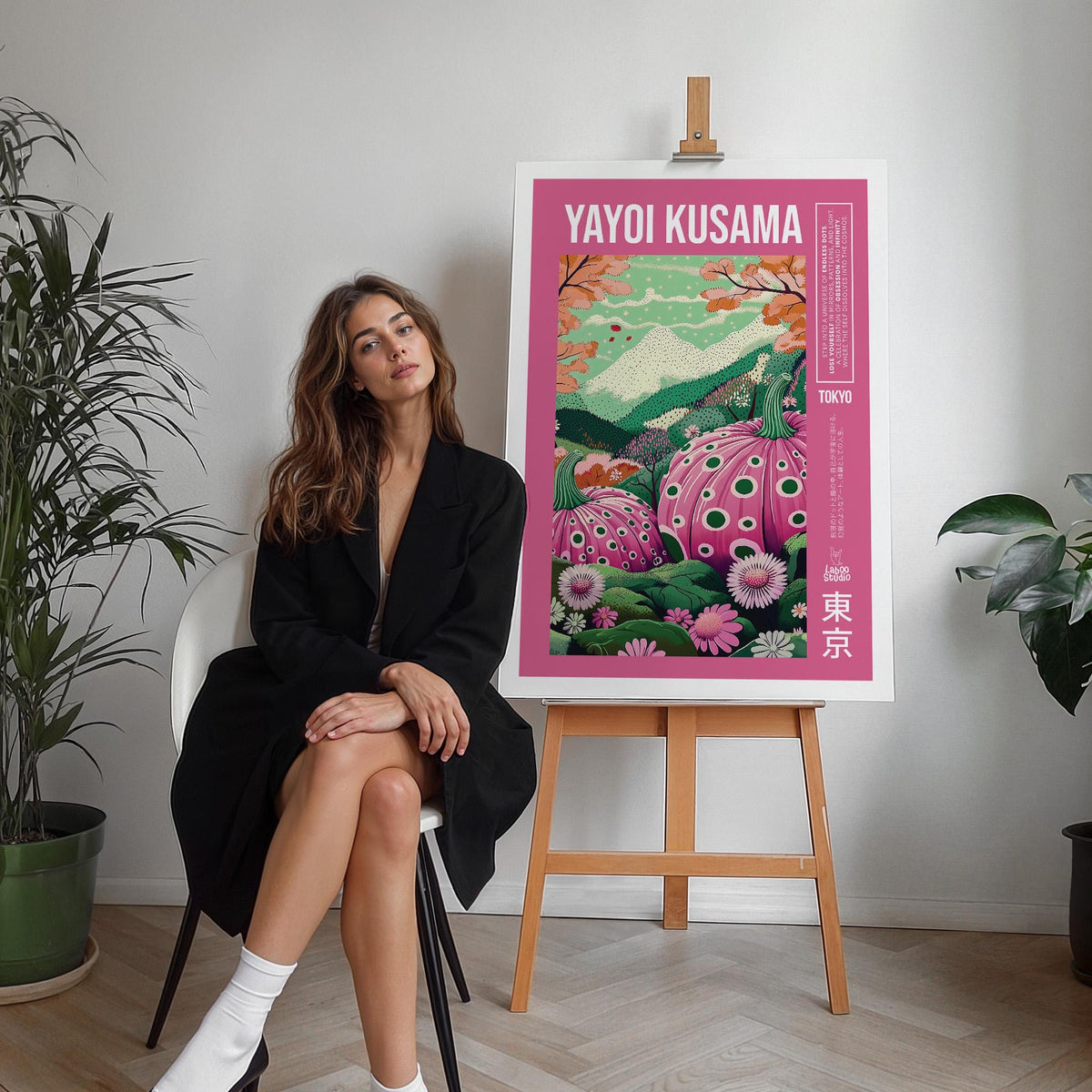 Wall Art with Pink of polka dot pumpkins in green landscape on an easel next to houseplants