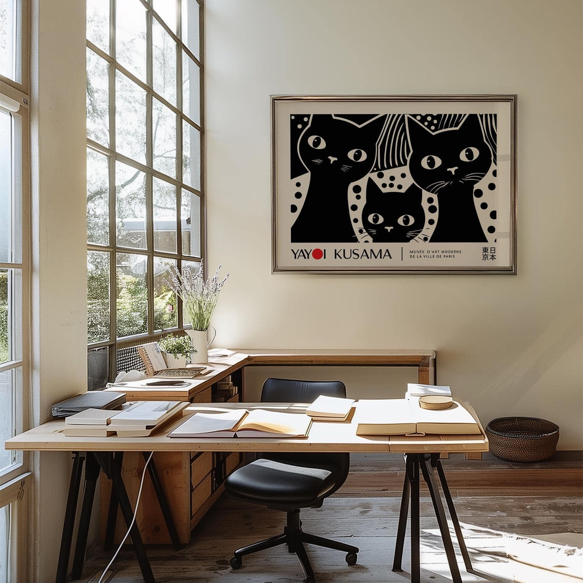 Black Cat wall art in black and white above a desk with books and a chair