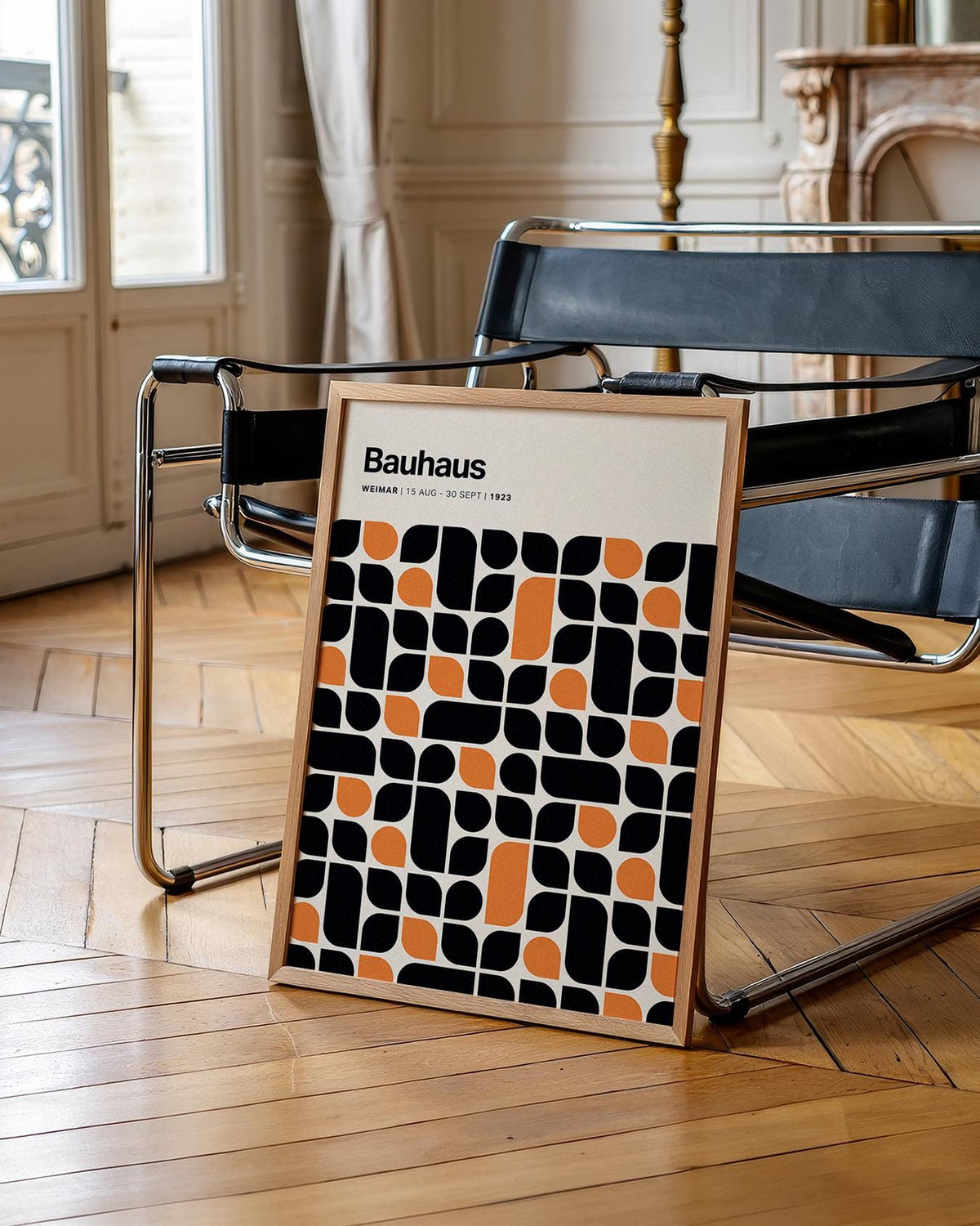 Abstract poster featuring a modern Bauhaus pattern in black and orange.