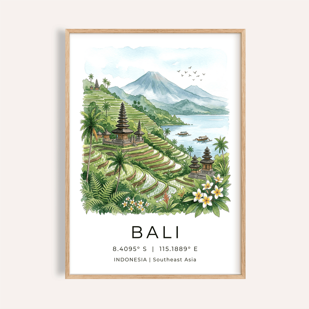 Framed Bali Landscape Art Print showing watercolour Balinese rice terraces and mountain in soft greens and blues