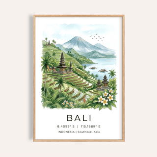 Framed Bali Landscape Art Print showing watercolour Balinese rice terraces and mountain in soft greens and blues