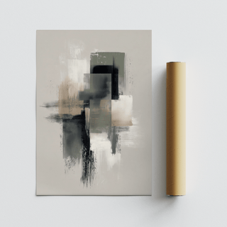 Neutral Wabi Sabi wall art with abstract beige black and grey blocks beside packaging tube
