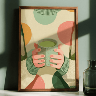 Framed Cozy Matcha Art showing hands holding a green matcha cup with colourful circles against a green wall with glass vase nearby