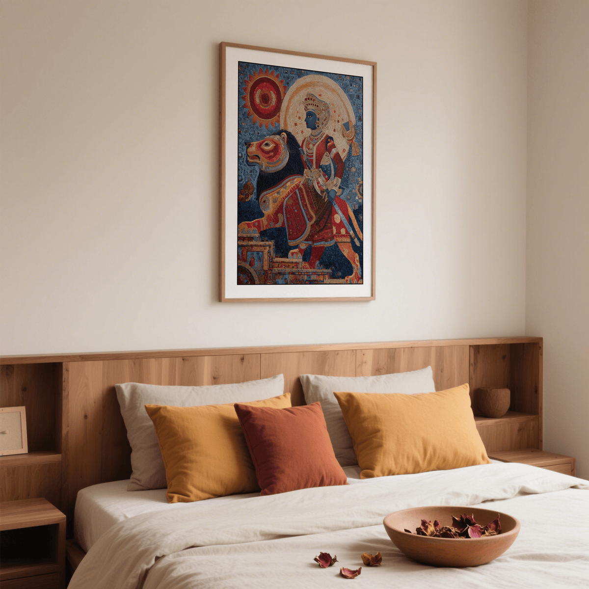 Indian Warrior wall art of a woman riding a lion in blue and red hangs above a bed with cushions in warm colours