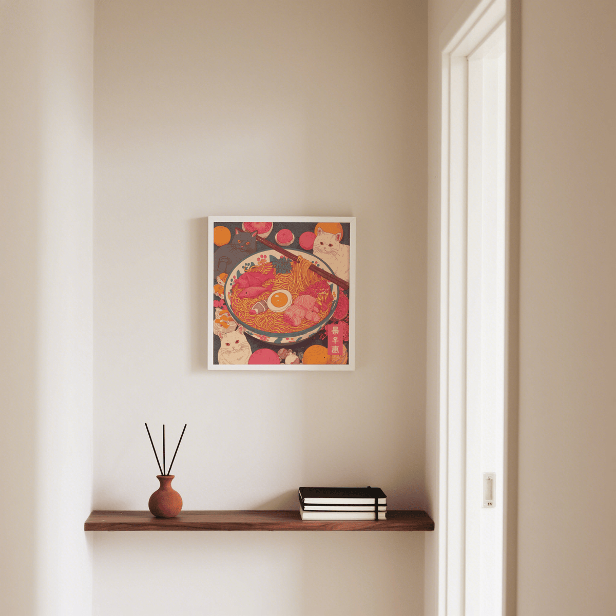 Ramen Cat Print on a wall above a shelf with a vase in a neutral hallway