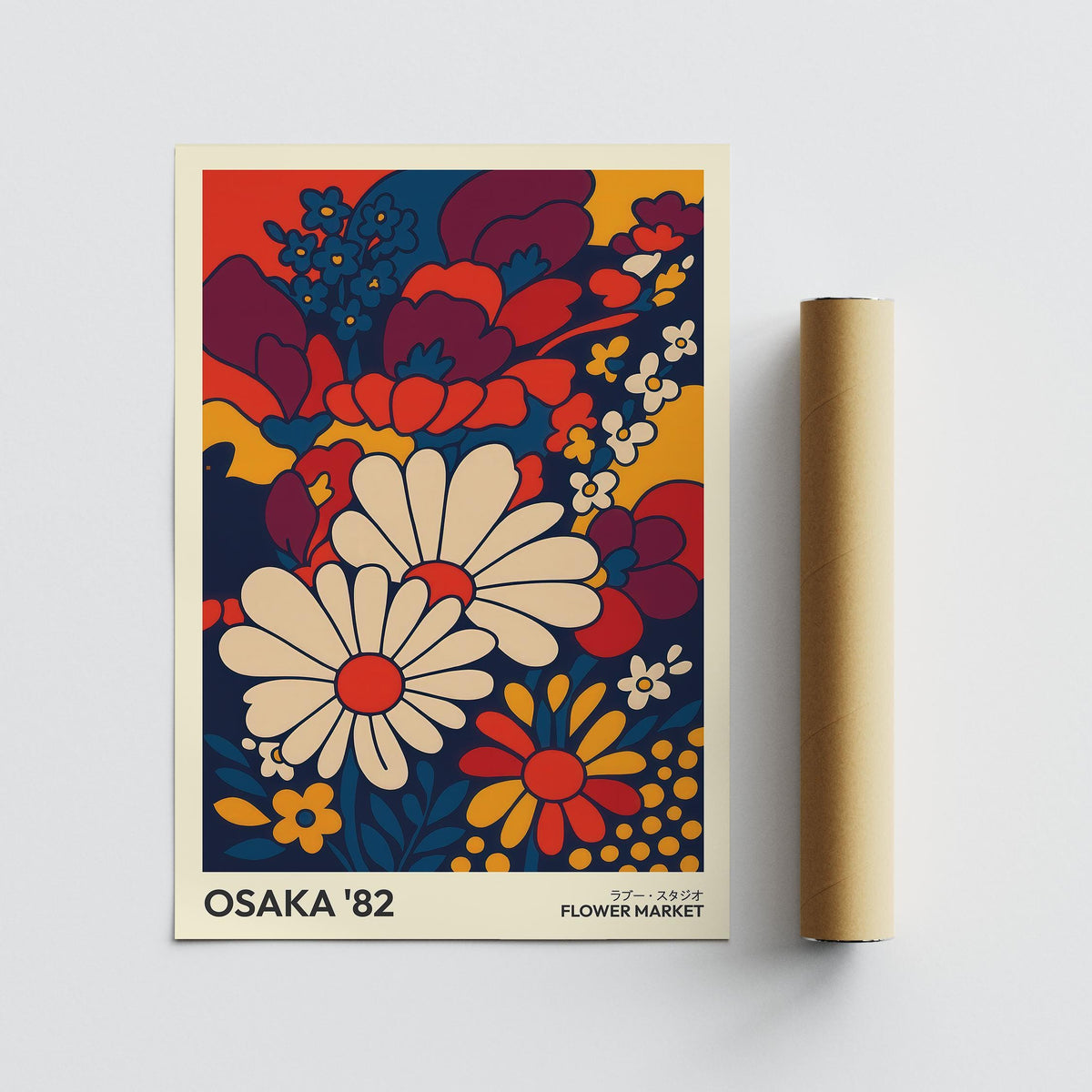 Retro wall art print of daisy flowers in cream red and dark blue tones alongside a packaging tube