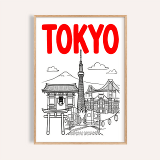 Framed Tokyo City wall art with red text and black line-art landmarks on white background