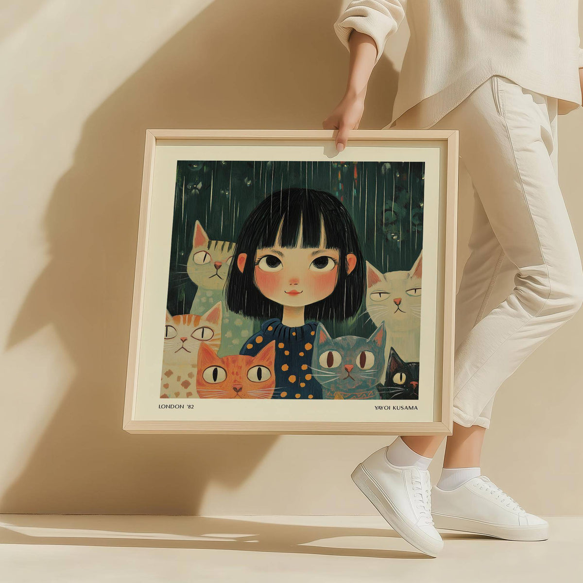 Japanese Paintings framed print of a girl with cats in muted greens and oranges held by person