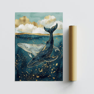 Whale wall art print of two blue and gold whales underwater with packaging tube