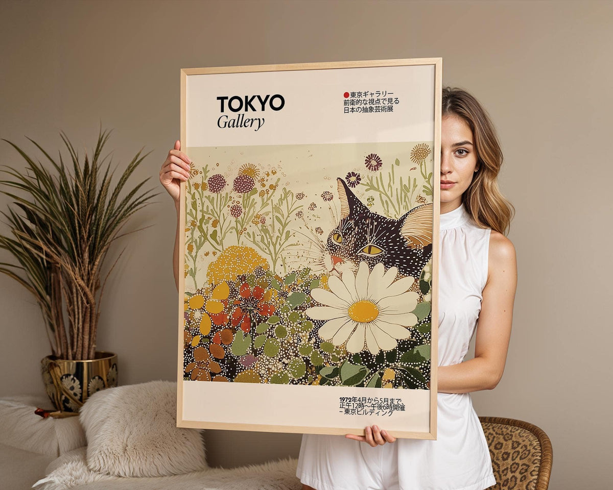 Framed Vintage Cat wall art showing a tuxedo cat surrounded by multi-coloured flowers held by a woman