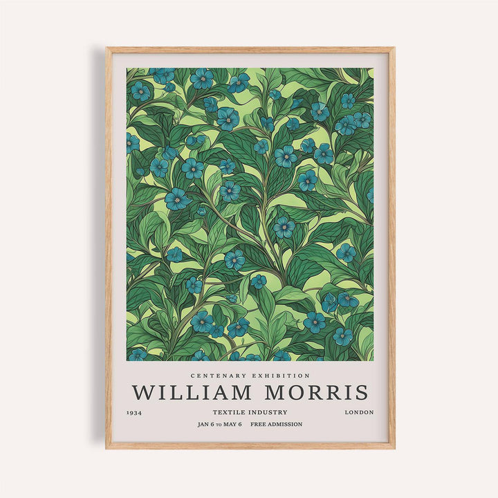 Framed print of a blue flower branch with green leaves in a botanical illustration style
