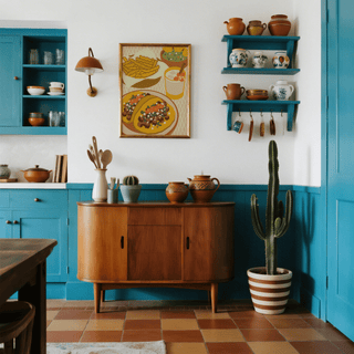 Mexican Cuisine Poster print on a kitchen wall featuring yellow tacos with chips and a drink above a wooden sideboard