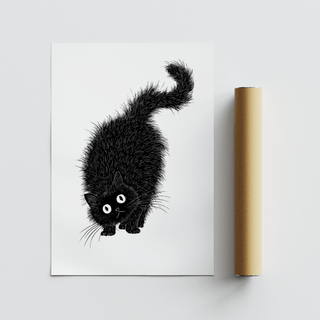Arched Back Cat Print rolled with packaging tube beside the black cat illustration on white background