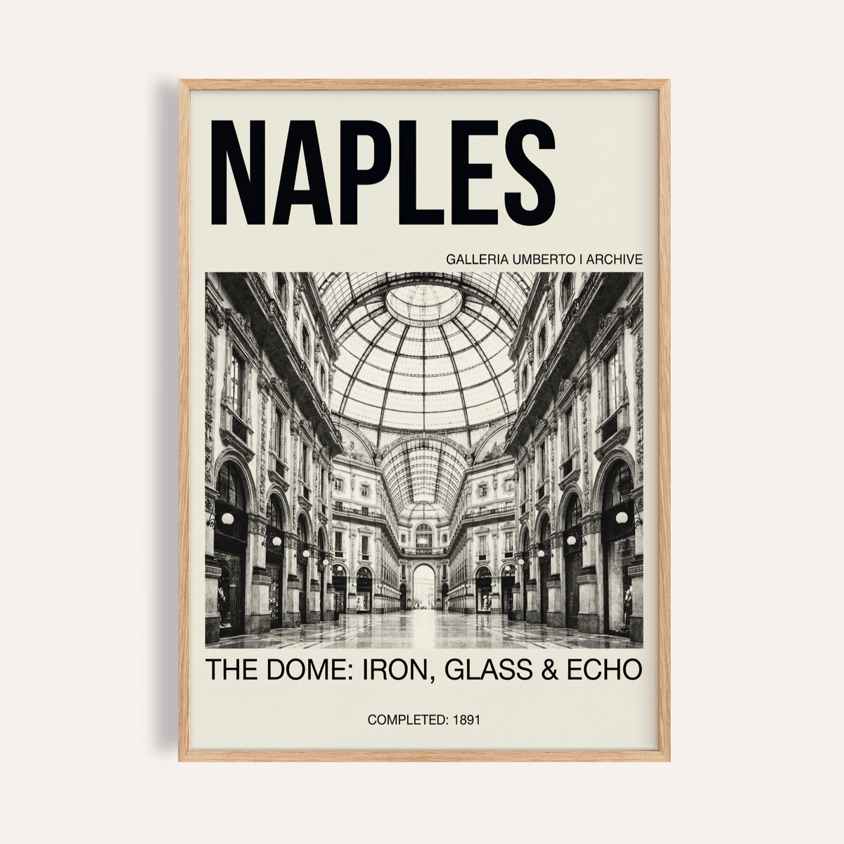 Framed Galleria Umberto Art Print showing a black and white photo of the dome interior with text above and below