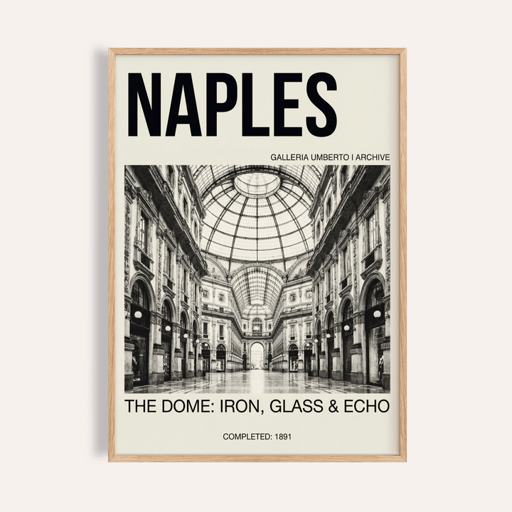 Framed Galleria Umberto Art Print showing a black and white photo of the dome interior with text above and below