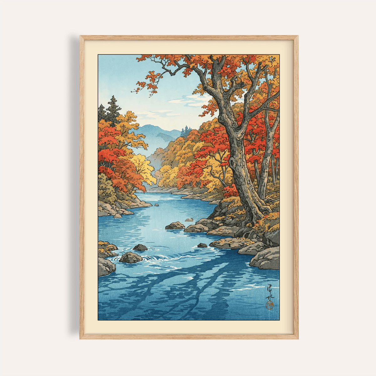 Framed print of Hasui Kawase Autumn Print showing an autumn river valley with red and yellow foliage