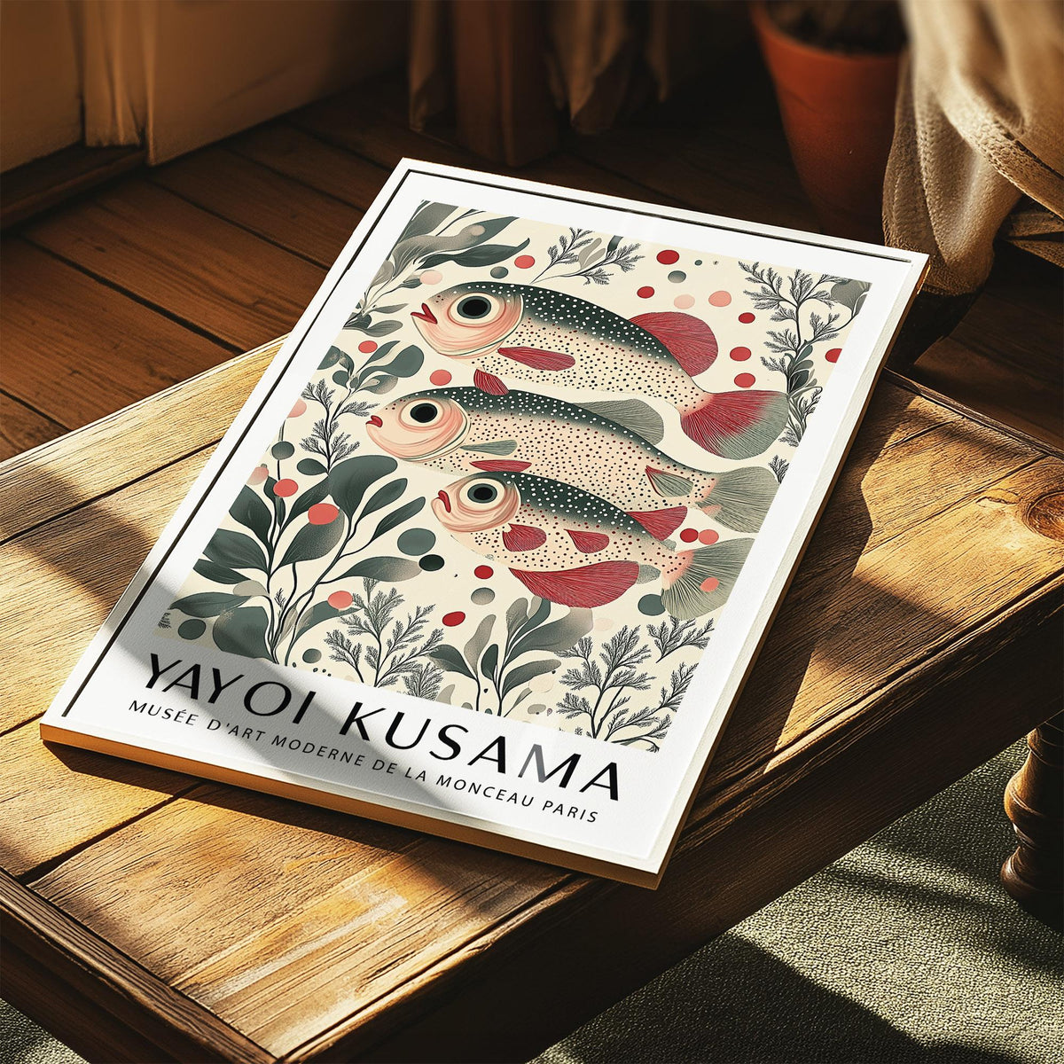 Fish wall art print of a redfin trio with botanical illustration style on a wooden surface near a plant pot