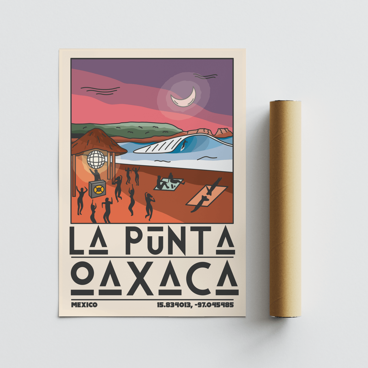 La Punta Oaxaca wall art showing a sunset beach scene with purple sky and stylised figures with packaging tube beside
