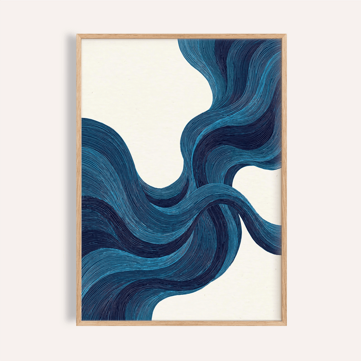 Framed print of flowing blue lines in abstract minimalist style with a cream background