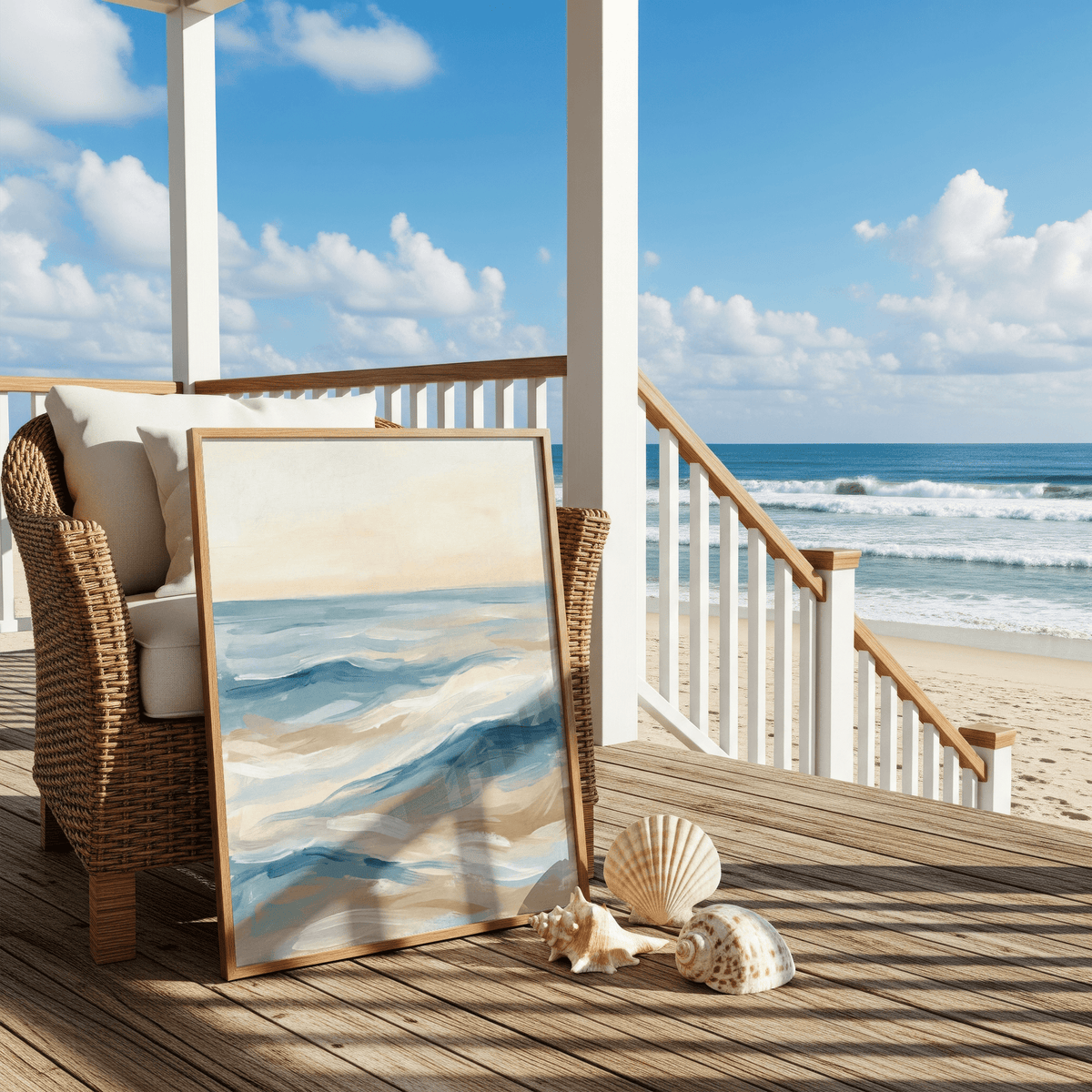 Ocean Wave Art Print leaning on a chair with seashells on a wooden deck by the beach