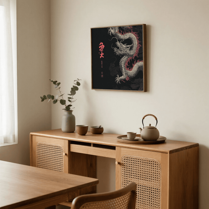 Dragon Poster framed print of an oriental dragon in Japanese ink style above a wooden sideboard with teapot in a dining room