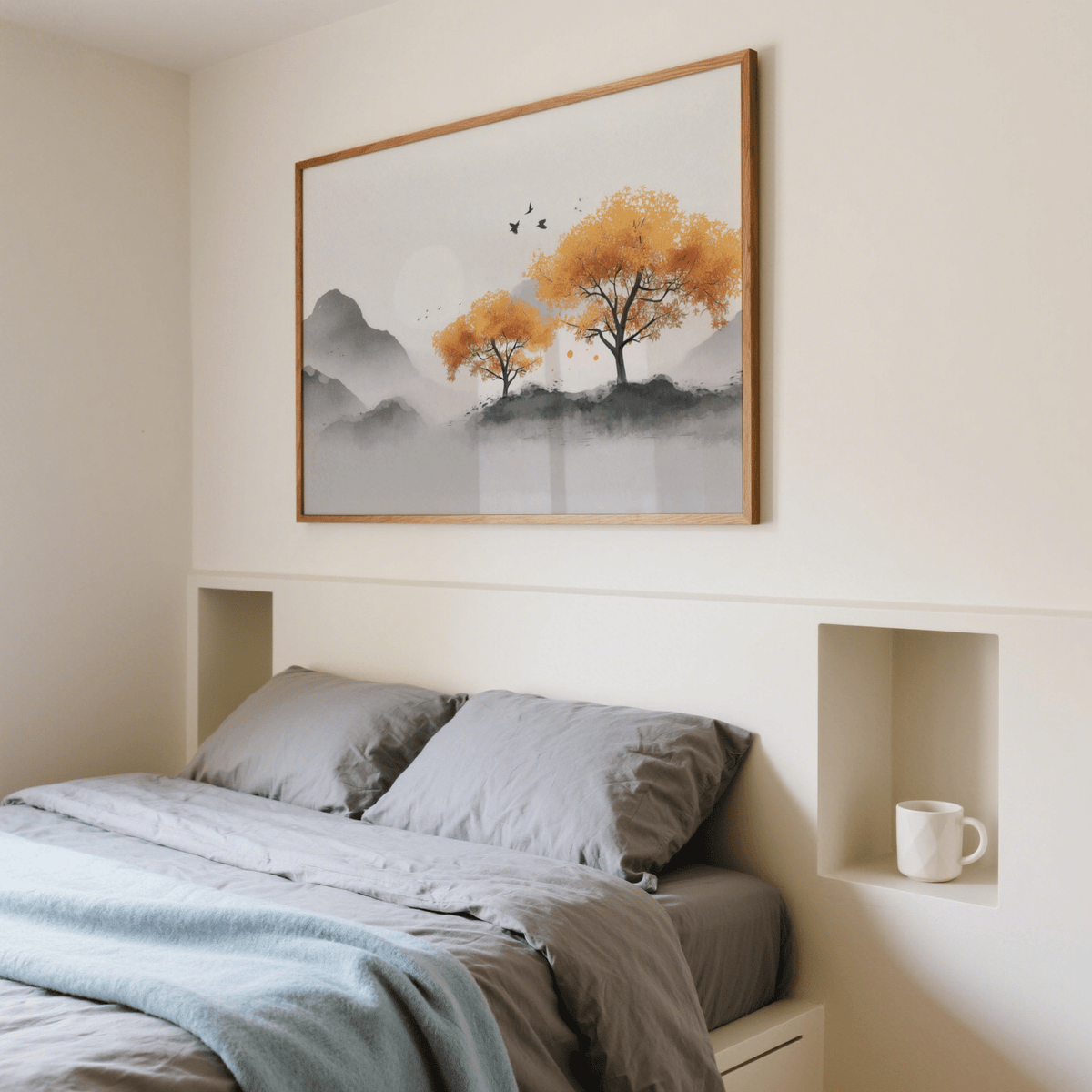 Autumn Tree wall art with orange leaves in watercolour above a bed with grey bedding and a mug on the shelf