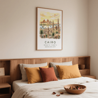 Cairo Landscape wall art over bed featuring pyramids and skyline in warm honey and orange tones