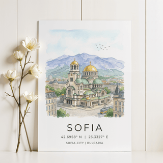 Sofia City Art Print watercolour illustration of Alexander Nevsky Cathedral with flowers beside it