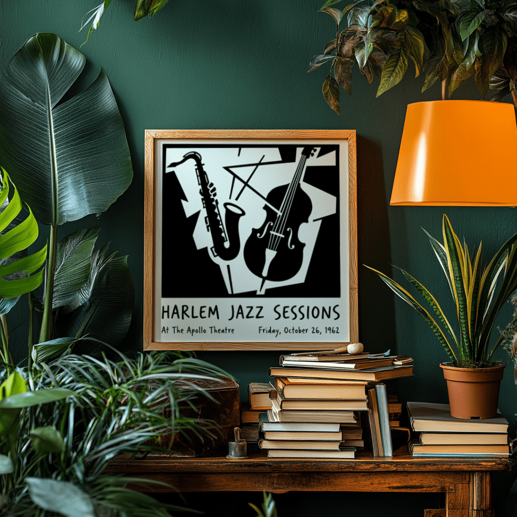 Framed Music Poster Wall Art in black and white above a wooden surface with stacked books and a lamp