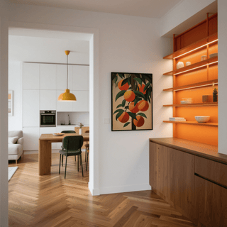 Orange Tree Art on a wall showing orange fruit and green leaves in a bright room with orange shelving