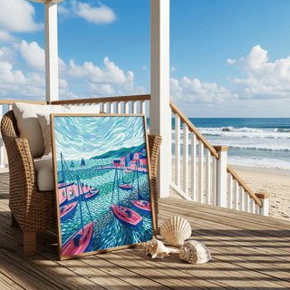 Print leaning on a chair of harbour sailboats in bright blues and pinks on a beach deck with seashells
