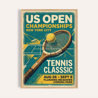 Framed close-up of vintage New York tennis print with racket and ball in retro colours