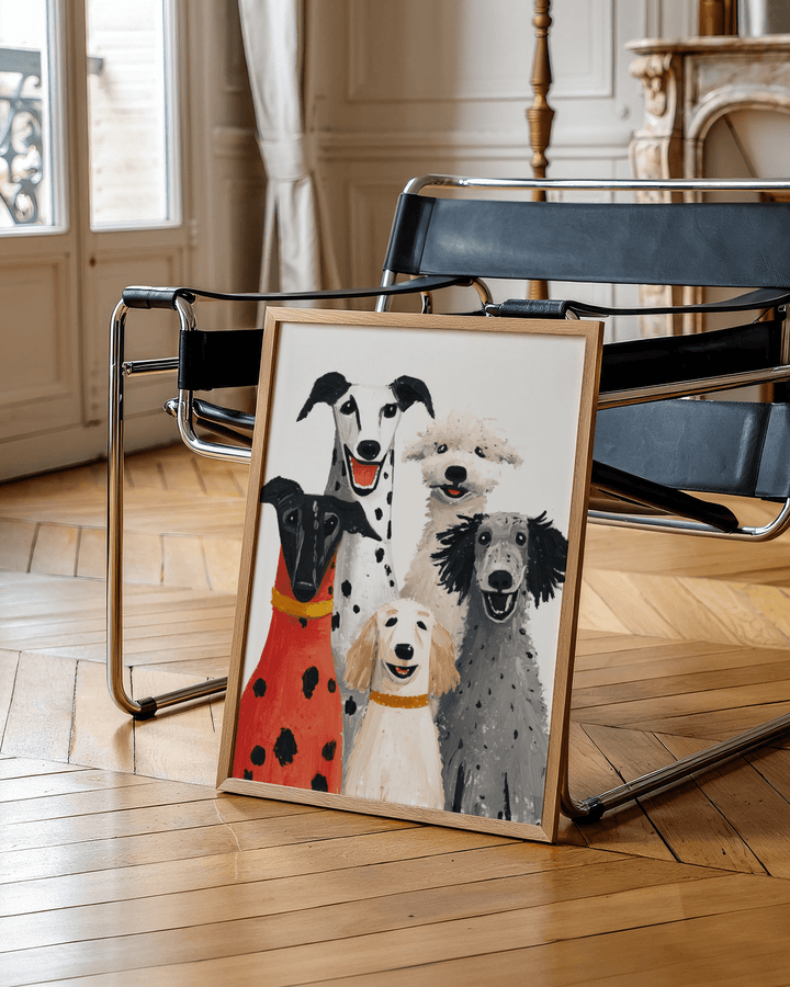 Dog Portrait Art Print leaning on a black metal and leather chair with parquet flooring visible