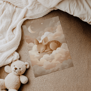 Sleeping Deer wall art on carpet beside teddy bear and knitted blanket in soft neutral colours