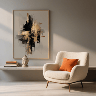 Gold Wabi Sabi Print with abstract black and gold brush strokes above a shelf with a Buddha bust in a living room