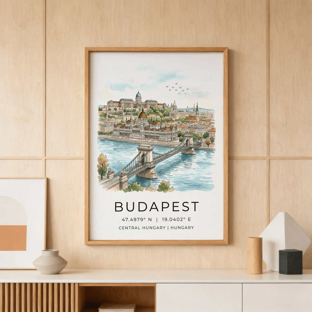 Budapest Cityscape wall art of chain bridge and city skyline in soft watercolour tones above a wooden sideboard
