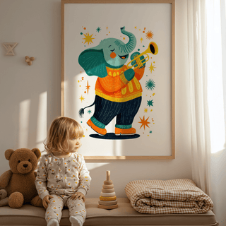 Musical Animal Poster print of an elephant playing trumpet with bright colours in a child's room next to a teddy bear