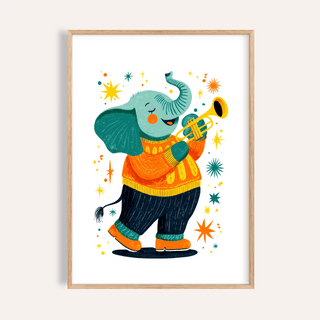 Framed Musical Animal Poster of an elephant playing trumpet in bright orange and green colours