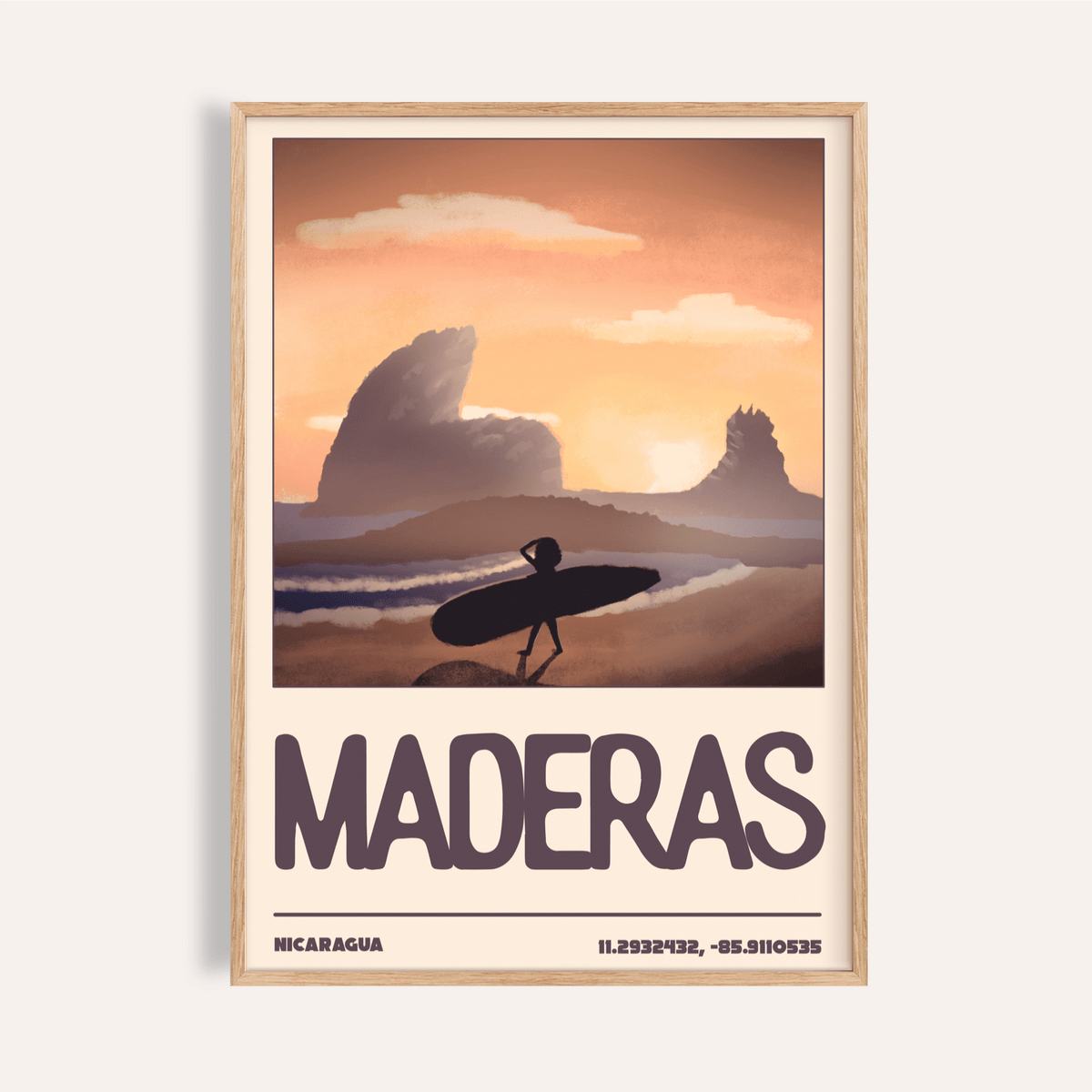 Framed Nicaragua Surfer wall art with silhouette surfer and warm sunset colours